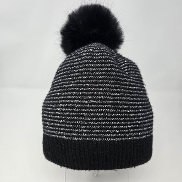 CHICO'S BLACK & METALLIC SILVER STRIPE POM POM BEANIE HAT CAP ACCESSORY WOMEN OS - Picture 2 of 12